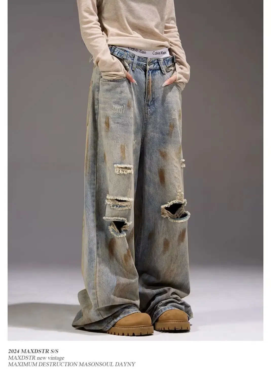 American High Street Straight Leg Women's Jeans Distressed Tie-Dye Trendy Hip Hop Style Washed out Loose Hole Pants Female
