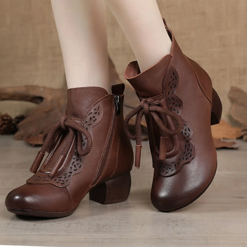 Women\'s Leather Boots Ethnic Style Retro Mom Short Boots Soft Bottom Round Head Leisure Non-slip Shoes Sapatos Femininos