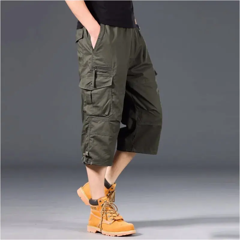 Calção de carga masculino na altura do joelho, algodão casual solto, calção multi bolsos, Capri Short, camuflagem para jogging, tático, verão