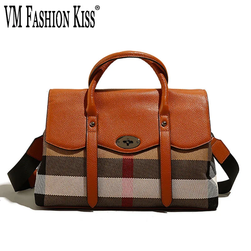 

VM FASHION KISS Classic Stripe Women's Bowling Genuine Leather+Canvas Large Capacity Crossbody Bag For Women Luxury Shoulder Bag