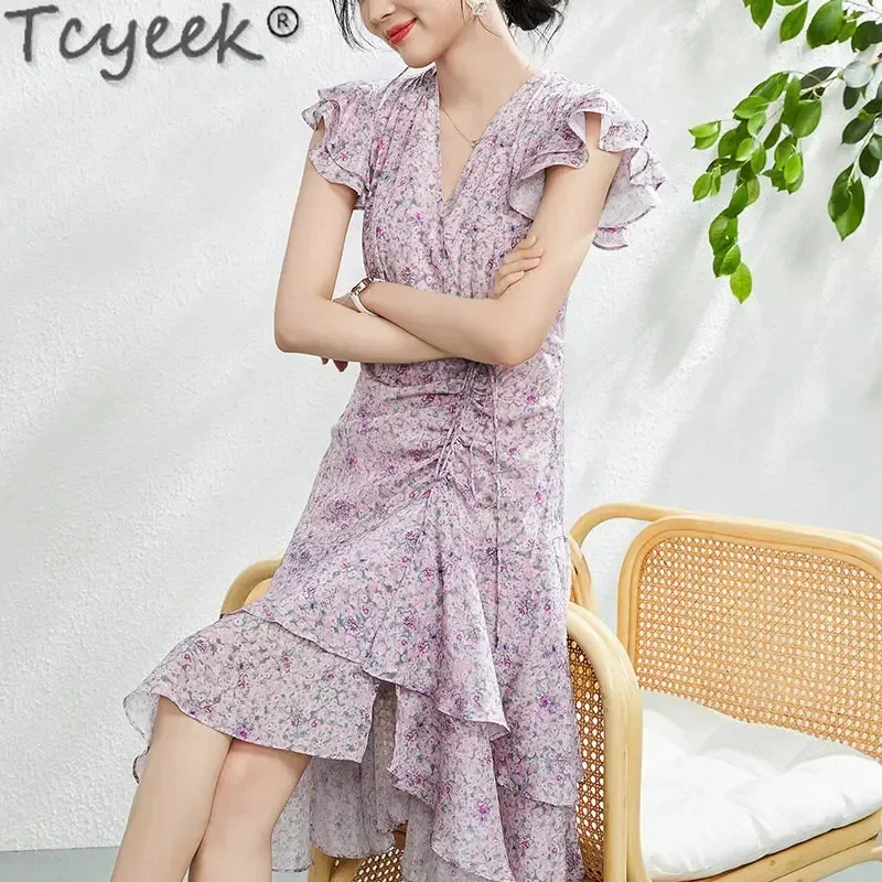 

100% Tcyeek Mulberry Real Silk Floral Dress 23 Summer Elegant and Pretty Women's Dresses Women Clothes Vestidos Para Mujer LM