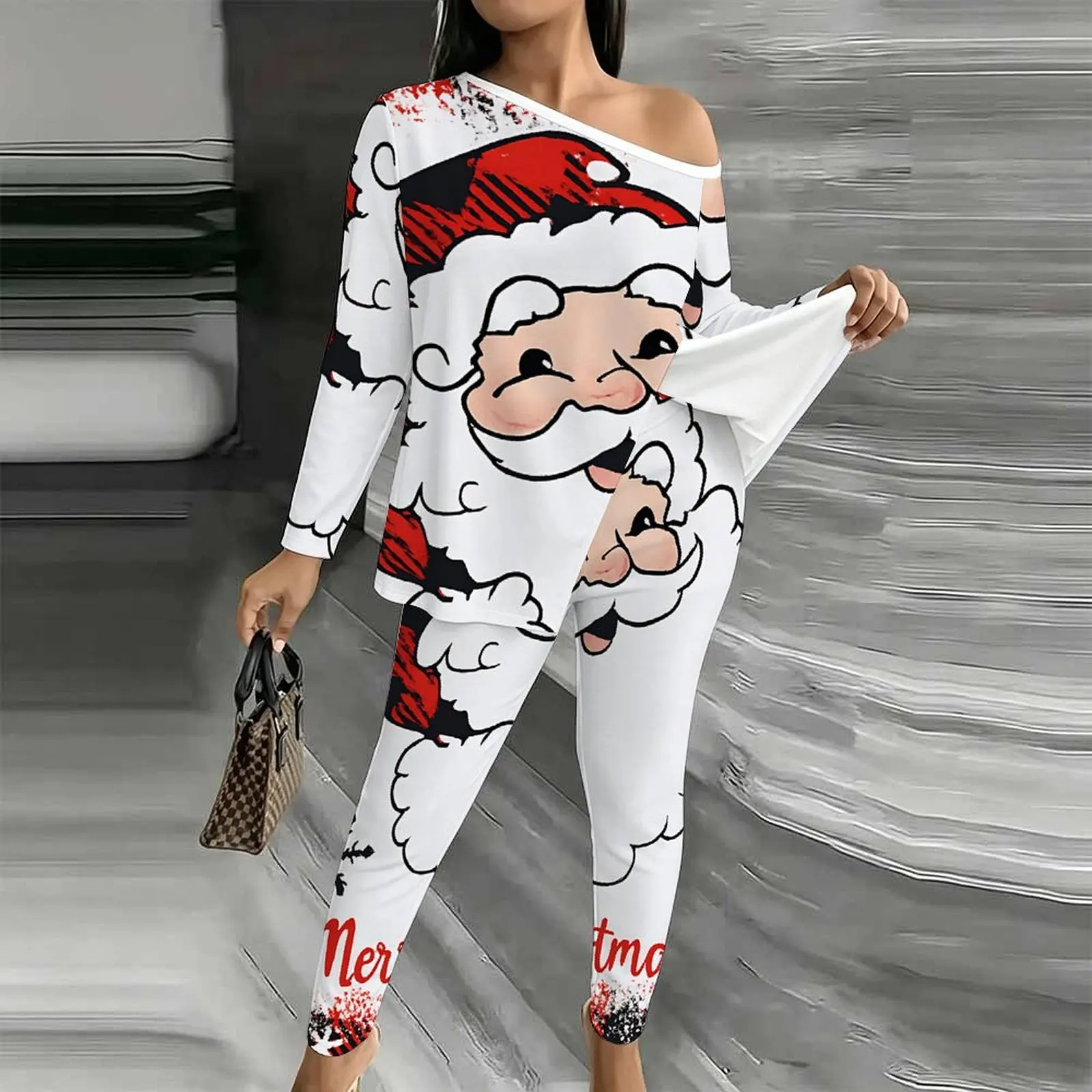Autumn Winter Women's Diagonal Collar Long Sleeved Printed Two-piece Set Christmas Jogging Pants Off Shoulder T-shirt