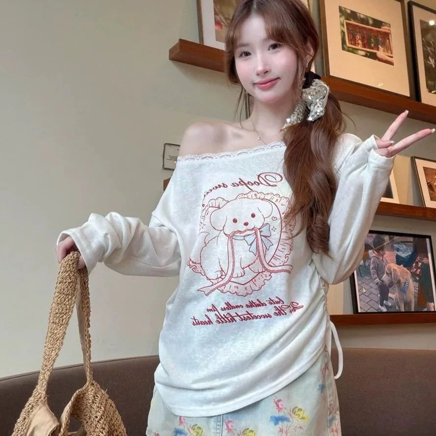 Loose Long Sleeve T-Shirt Women's Summer New Style Korean Cartoon Print Air Conditioning Shirt Sun Protection Straight Leg T-...