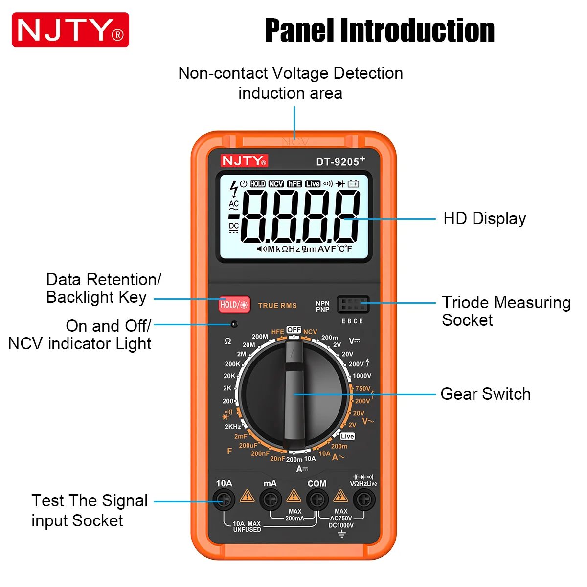 NJTY DT-9205+ Digitales Multimeter mit Manueller Bereichswahl Elektrischer Tester für Spannung, Strom, Widerstand, Frequenz HEF Spannungsmessgerät für Spannungsleitungen – Detail 9