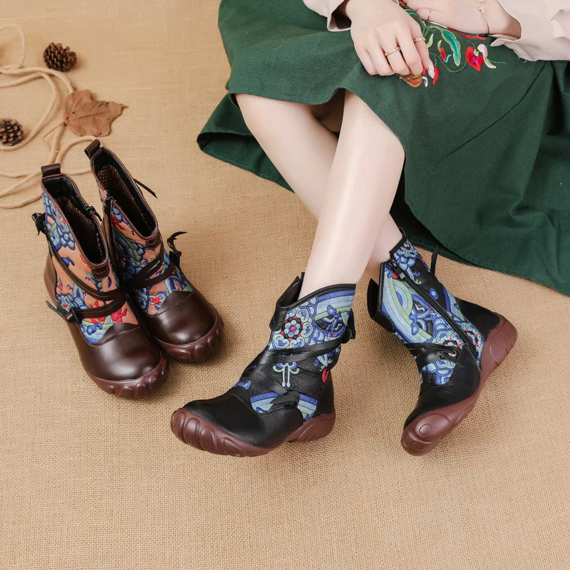 Xiuteng 2023 Ethnic Style Printed Retro Genuine Leather Shoes Women\'s Boots For Warmth And Comfort Cotton Ankle Shoes