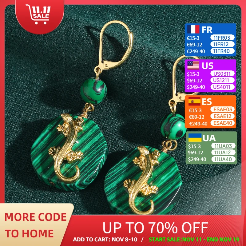 

Vintage Gecko Green Earring Drop Malachite Glass Gold Color Luxury Designer Gifts Jewelry Antique Party New Trends In 2025