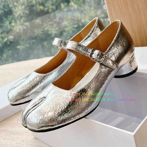 

Silver Medium Heeled Split Toe Shoes For Women Tabi Pig Hoof Gold Cracked Leather Buckle Thick Heels Mary Jane Single Shoes