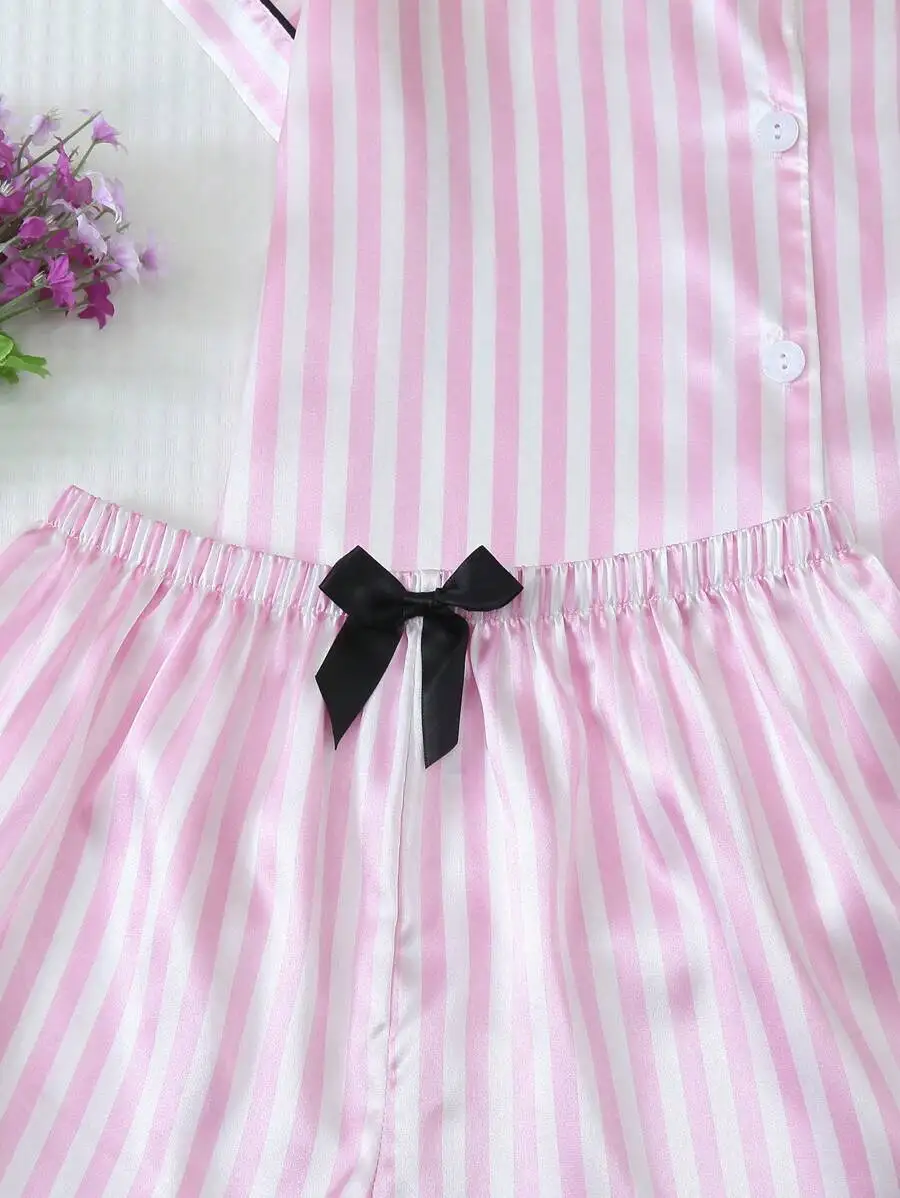 Women Satin Pajama Set Short Sleeve Collared Shirt Striped Shorts With Bow