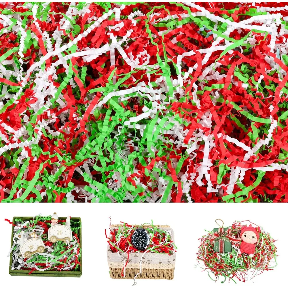 

8oz Christmas Crinkle Paper Filler — 1/2LB Red, Green & White Shredded Raffia/Crinkle Cut Paper for Gift Baskets, Boxes,