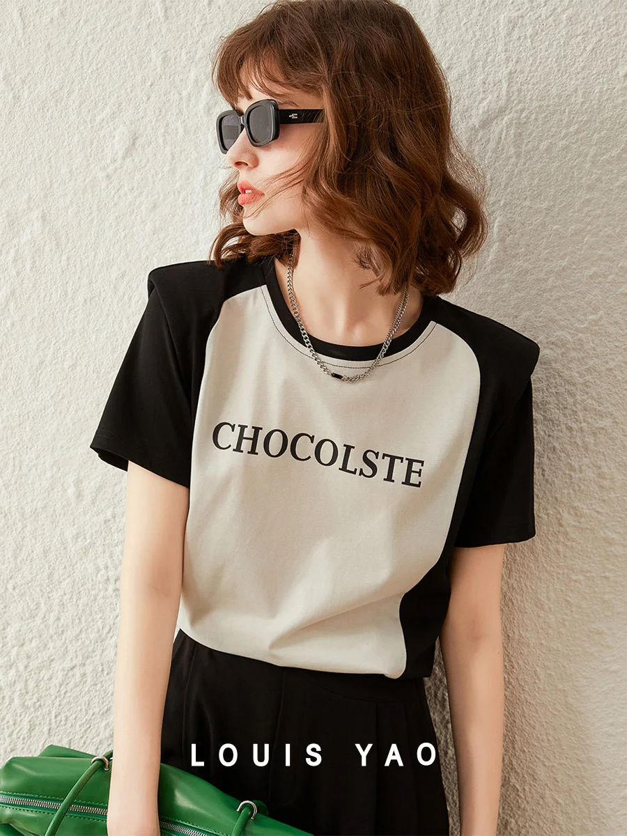 

LOUIS YAO Women's T-shirt 2025 Splicing Shoulder Pad Design Letter Pattern Top Summer Fashion Round Neck Short Sleeve T-shirt