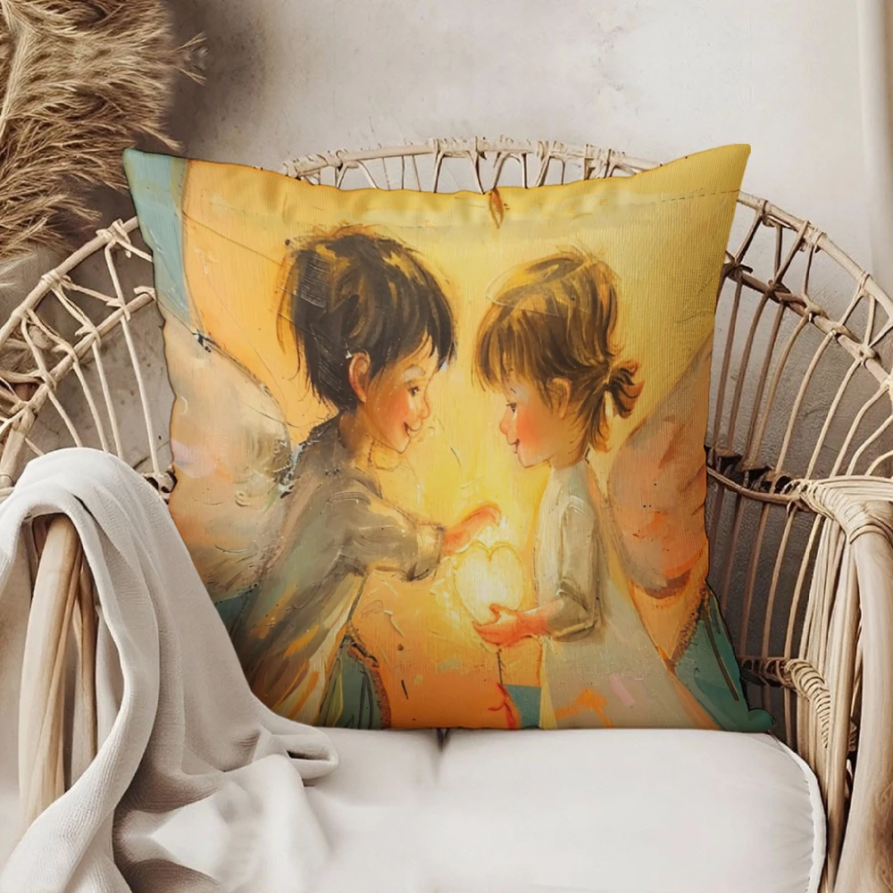 Square Throw Pillow Cover Warm Yellow Angel Kids Holding Heart Print Decorative Cushion Case For Living Room Sofa Bedroom Home D