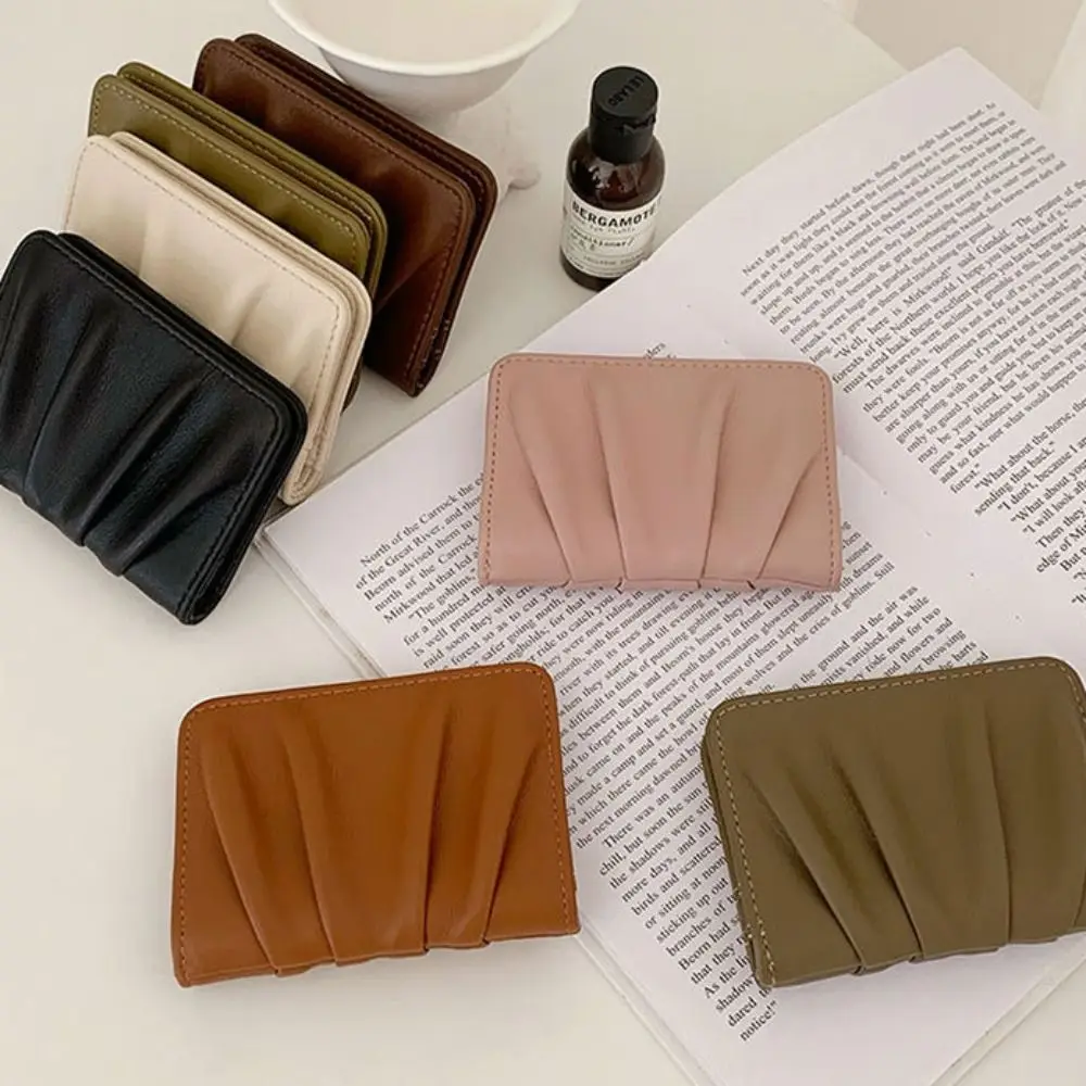 New Wrinkled Card Bag Anti Thief Solid Color Card Case PU Leather Ultrathin Short Purse Woman