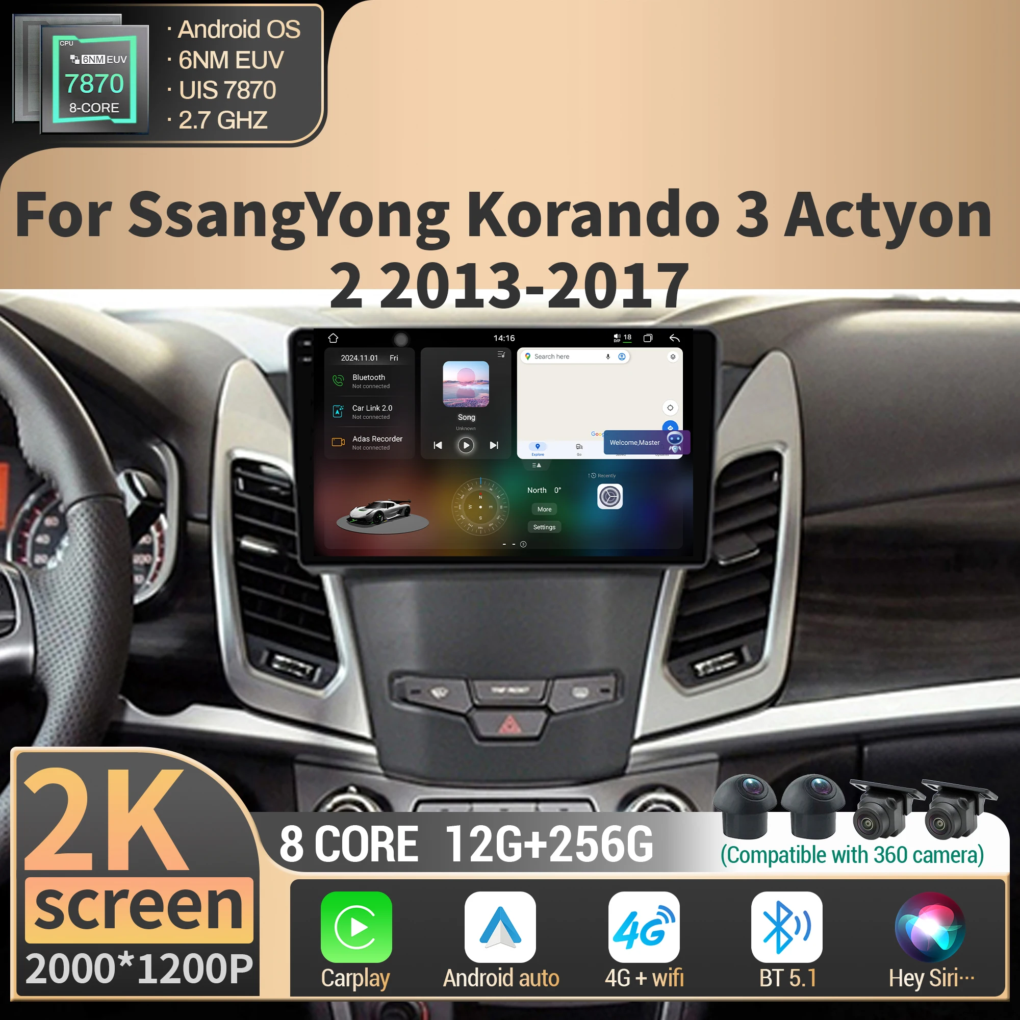 

Android 14 For SsangYong Korando 3 Actyon 2 2013-2017 Car Radio Multimedia 4G GPS Navigation CarPlay CPU 7870 2K QLED Screen