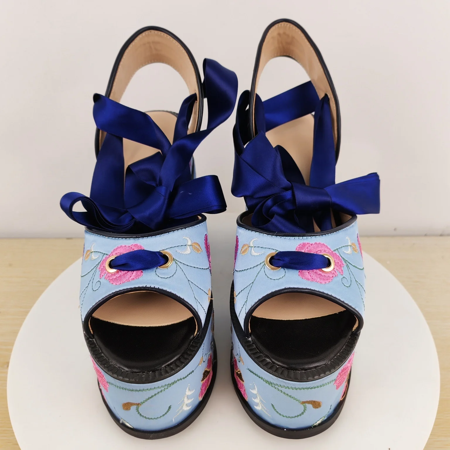 Women's Blue Floral Embroidered Platform Sandals Navy Satin Ribbon Ankle Tie for Oriental Lolita & Artistic Fashion Statements