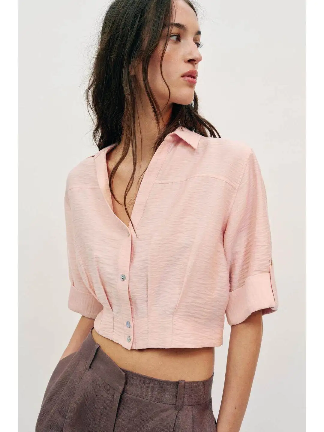 

Casual Fashion Short Mixed Fabric Shirt with Cuffed Sleeve Ends Simple Style Women's Inner Wear Spring Season Breathable Skin...