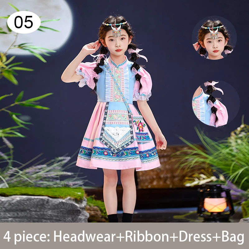 

Girls Embroidery Zhuang Princess Dress With Headwear Miao Dress Kids Chinese Traditional Ethnic Style Stage Performance Dress