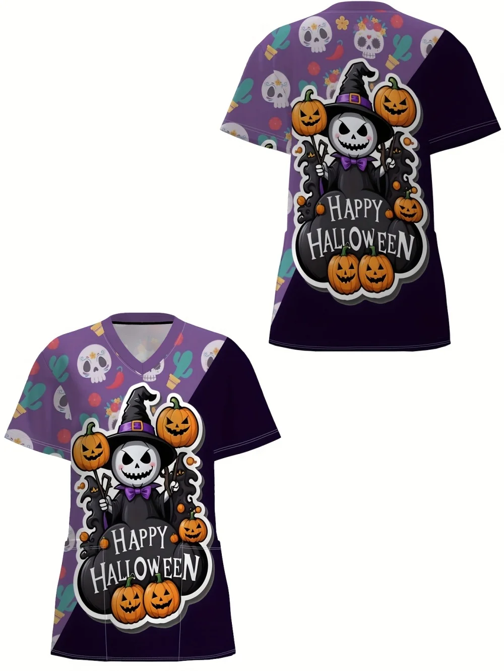 Uniforme chirurgical d'halloween pour femmes, motifs de citrouille, imprimé heureux, col en v, soins infirmiers, cadeau pour uniforme clinique du personnel médical