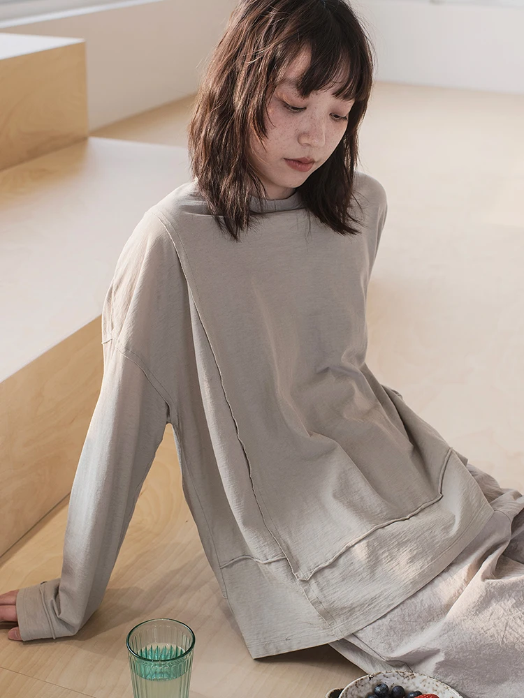 

Spring 2025 Large Svel round Ne Casual Loose Women's T-irt Commute Sle Pure Color Cotton Long Sve Crew Ne