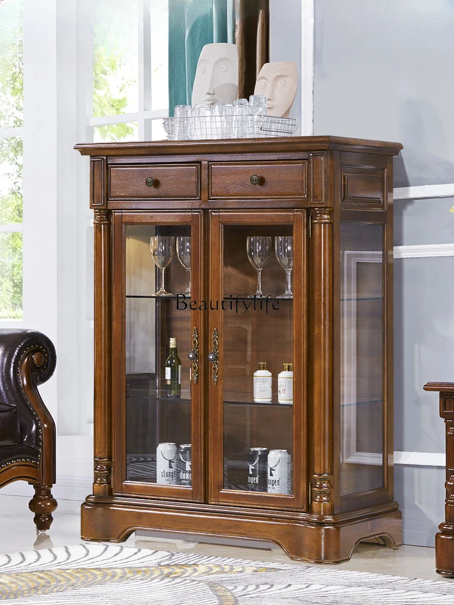 American solid wood wine cabinet, living room glass door, all solid wood display, simple dining room side cabinet