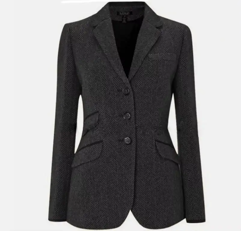 Women Vintage Herringbone Blazer Jacket Single Breasted Long Jacket Customized Casual Party Office Wear Wool Blend Coat One Pcs