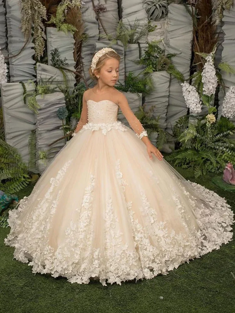 

Flower Girl Dresses Champagne Tulle Puffy With Petal Tailing Long Sleeve For Wedding Birthday Party Banquet Princess Gowns