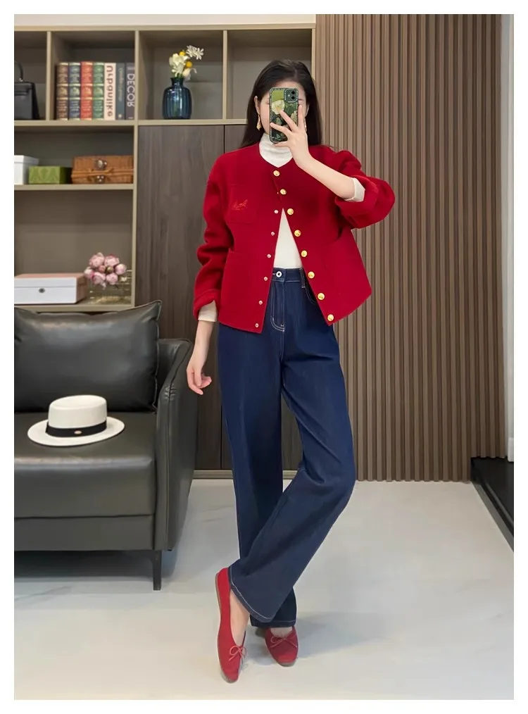 Double-sided wool coat women's short coat winter Hepburn style high and medium feeling thin woolen