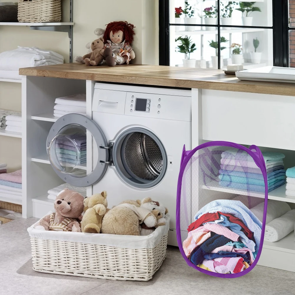 

2Pcs Foldable Laundry Basket Mesh Pop Up Hampers Collapsible Storage Bins Clothes Net Material Bedroom Bathroom Living
