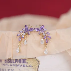 Style French Light Luxury Purple Zircon Butterfly Water Drop Tassel Leaf Shape Stud Earrings Exquisite Female Long Earrings