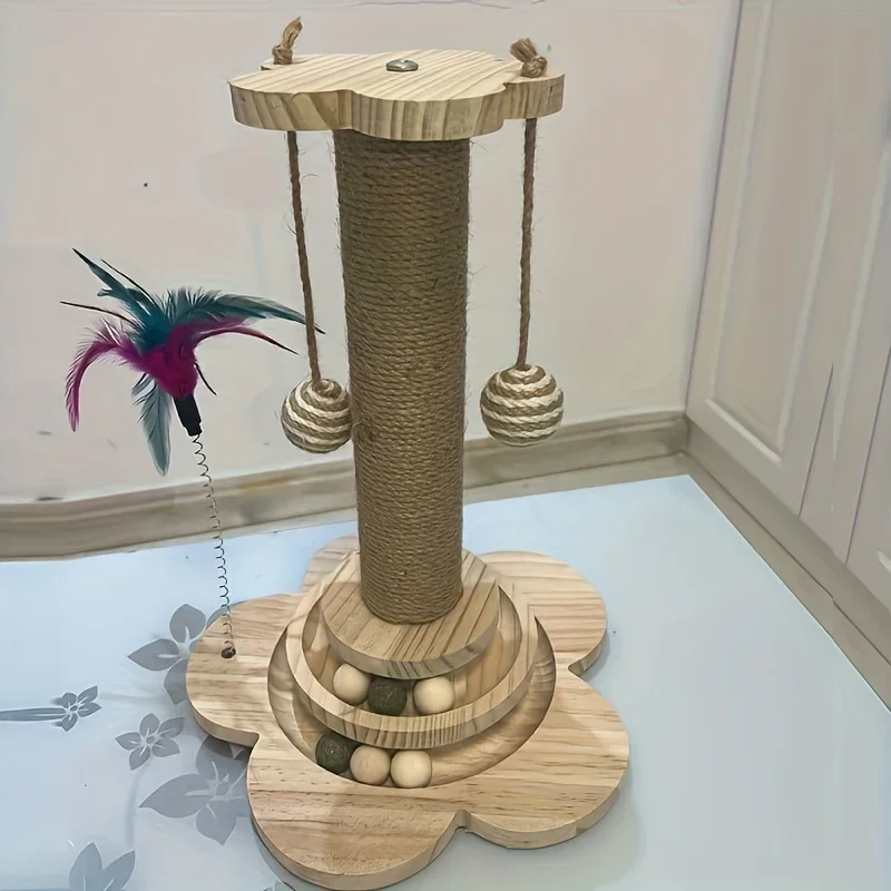 Plateau tournant pour chat en bois massif, poteau à gratter pour chat, bâton Teaser pour chat, planche à gratter pour chats, jouets durables pour chat