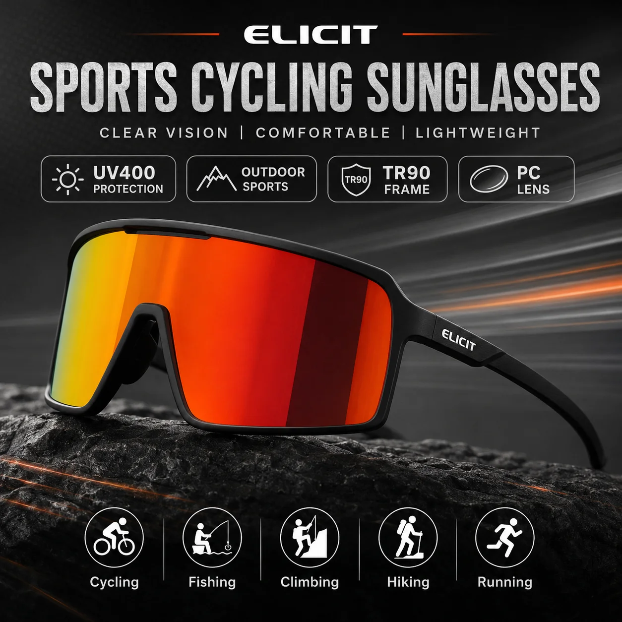 ELICIT Cycling Sunglasses UV400 Protection TR90 Frame Outdoor Sports Eyewear for Fishing Running Hiking Climbing Trekking E58