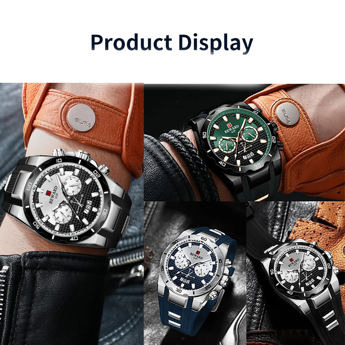 Black REWARD Quartz Watches Multi-functional Dial Silicone Band Sport Men Watch Hommes Montres