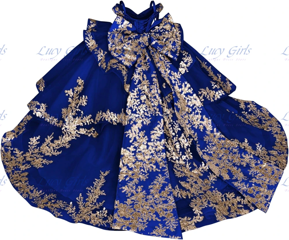 Wunderschönes Blumenmädchenkleid mit Goldapplikation für Hochzeiten, Mehrlagiges Mädchen-Festkleid mit Langer Schleife und Quasten, Mädchen-Ballkleid