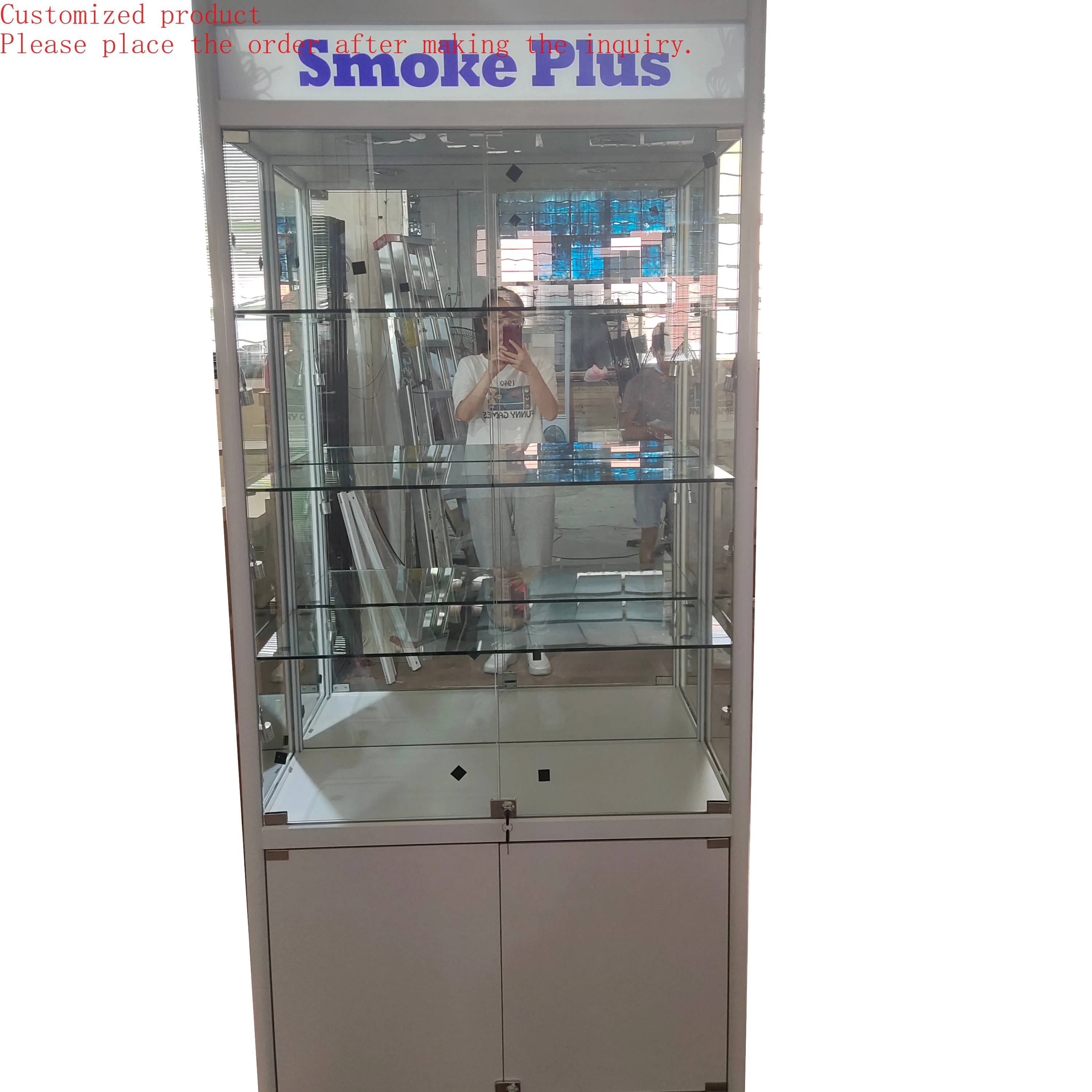 

Custom.Smoke Shop Display Exhibition Cabinet Smoke Shop Showcases Glass showcase with Bottom Cabinet and Light