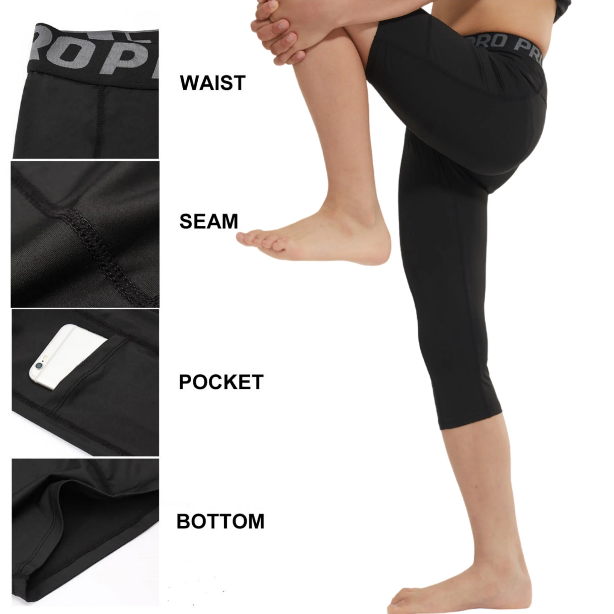 Youth Boys 3/4 One Leg Compression Tights for Basketball Leg Sleeve Capri Athletic Base Layer Underwear for Gym Running