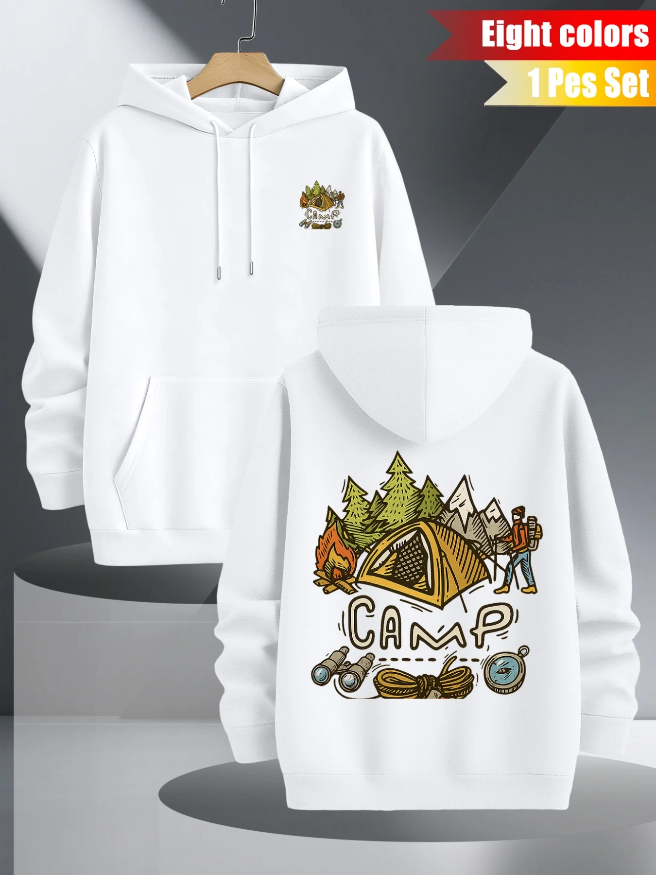 Men's natural adventure hooded sweater, with tent and mountaineering theme print, relaxed everyday simple cartoon hooded sweater