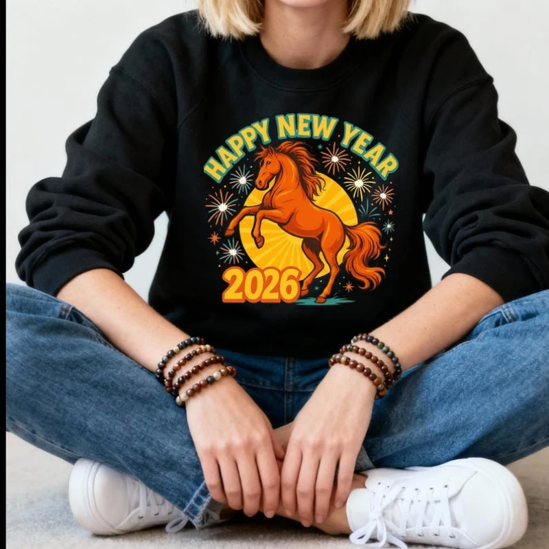 

Happy New Year Keep Warm Horse Sweatshirt of The Lunar Gift Holiday Crewneck Matching Hoodies Autumn and Winter Adult Pullover