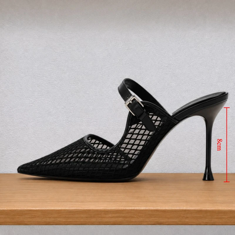 Damen Schwarze Spitze Stiletto-Mules Atmungsaktives Mesh Schnallenverschluss Slingback High Heels Elegante Büro- und Party-Kleiderschuhe – Detail 3