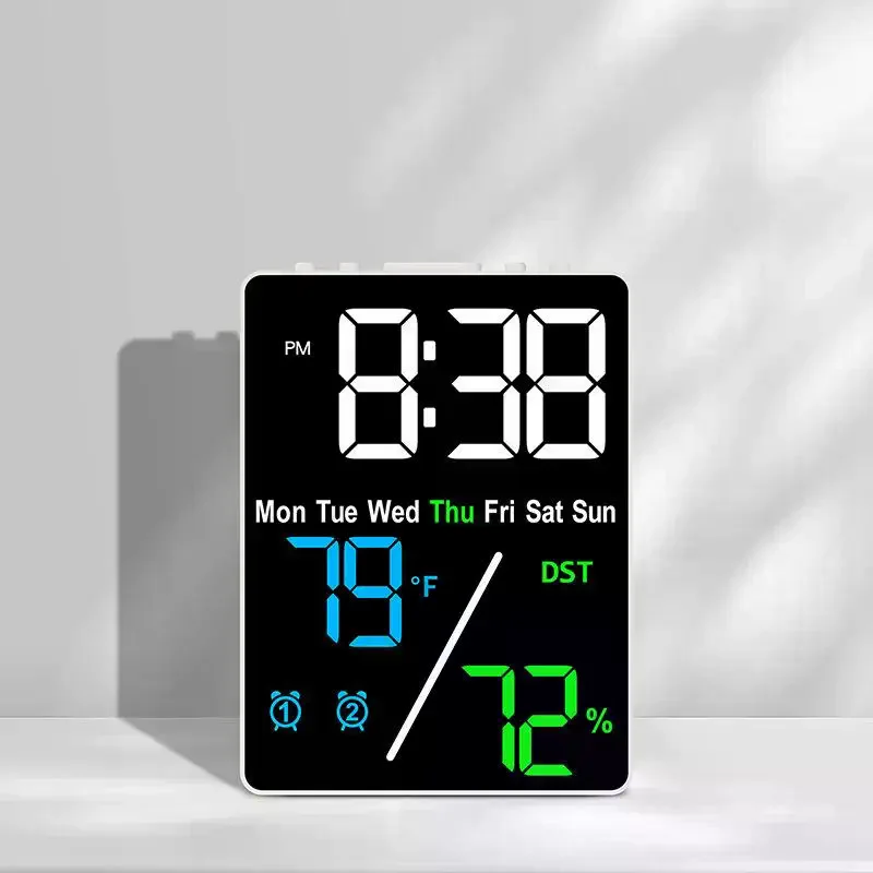 Digital Alarm Clock TEMP Humidity Date Week Disply 2 Alarm Snooze Electronic Table Clock 3-level Brightness 12/24H DST LED Clock