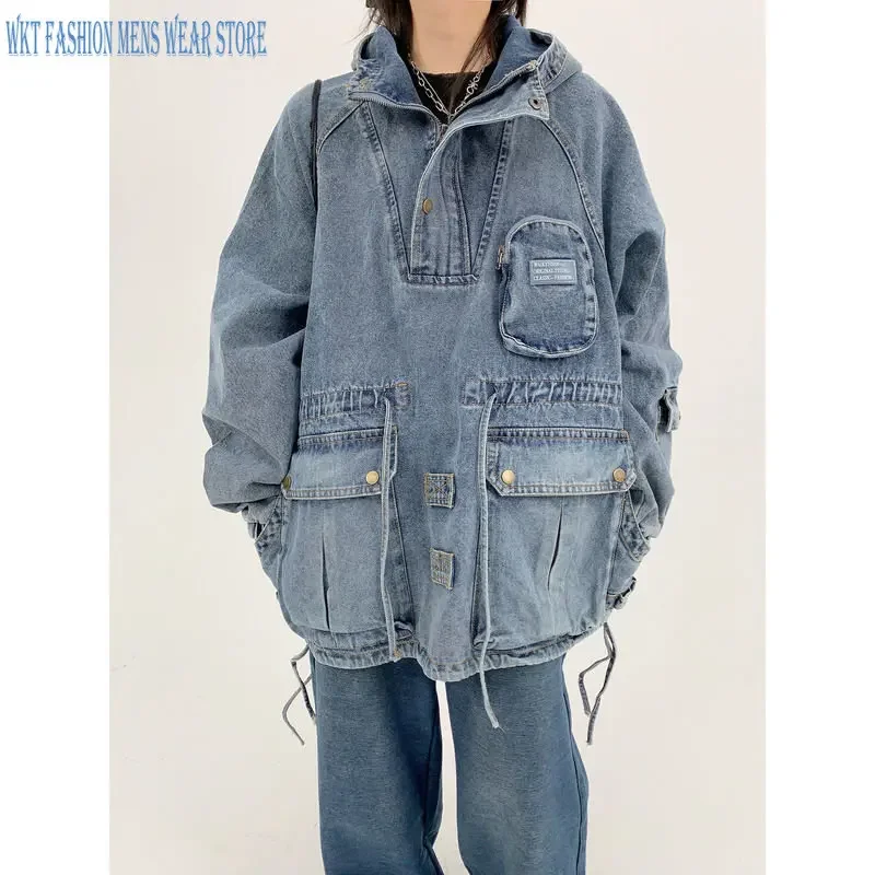 Denim Jacket Loose Retro Leisure Pullover for Women and Men Coats Motorcycle Sleeve Length Casual Outerwear Pocket Streetwear