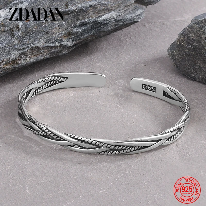 ZDADAN 925 فضة خمر التقلبات المفتوحة الكفة سوار وأساور للنساء مجوهرات الأزياء