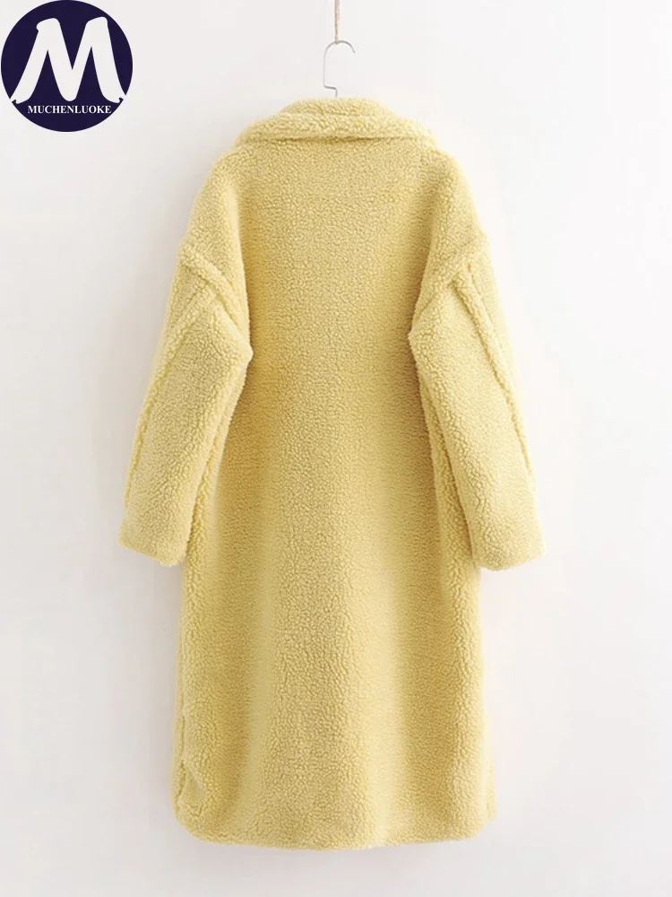 Cappotto di media lunghezza con risvolto in piuma di agnello artificiale per donna, cappotto di pelliccia caldo, soprabito allentato Casual, moda elegante, nuovo, inverno, 2023