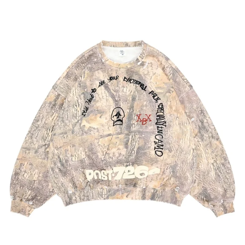

Unisex Camo Print Hoodie Crewneck Sweatshirt Embroidered Letters Loose Fit Casual Streetwear Premium