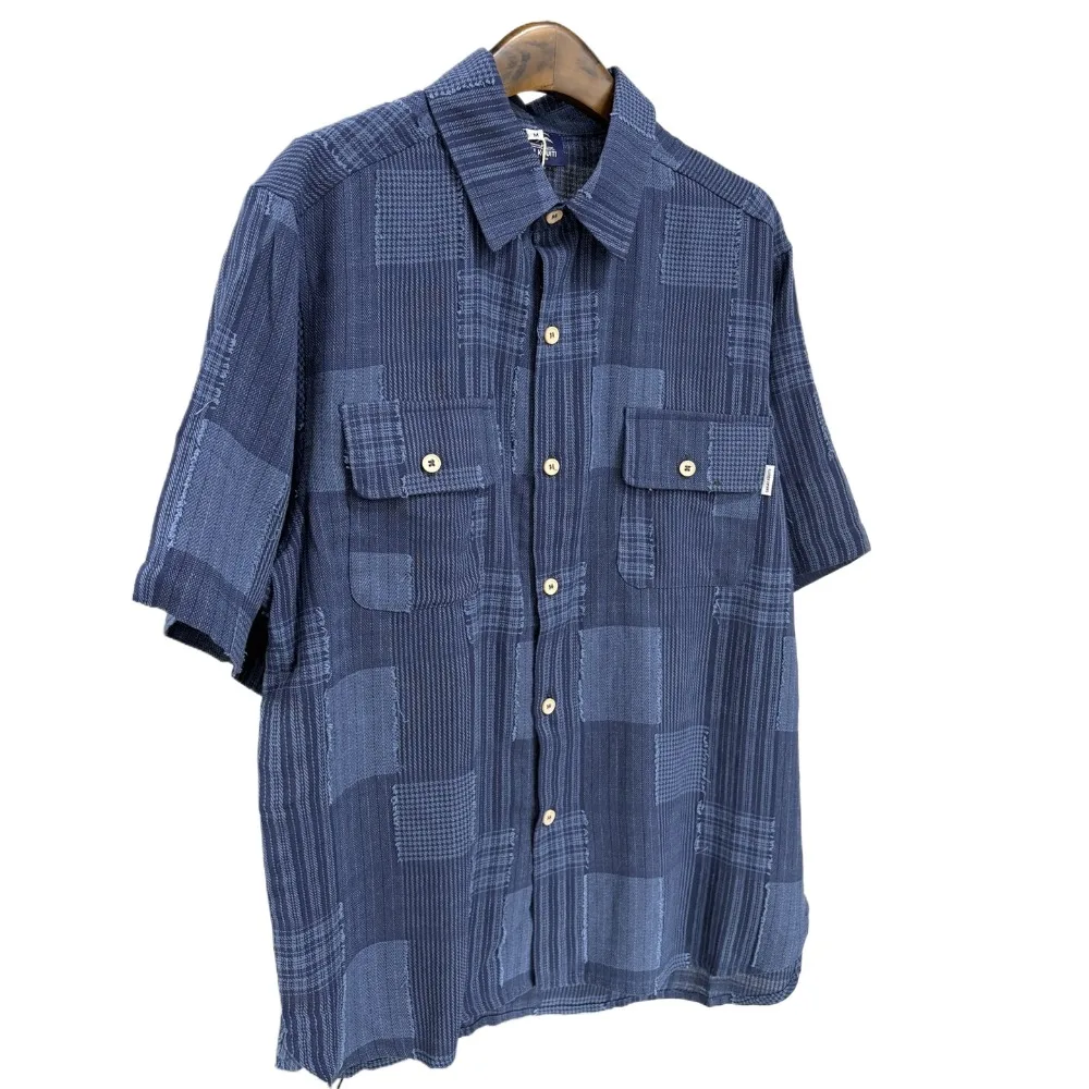 Japanese Retro Checkered Patchwork Casual Shirt Summer Casual Men's and Women's Top Cuban Collar Shirt