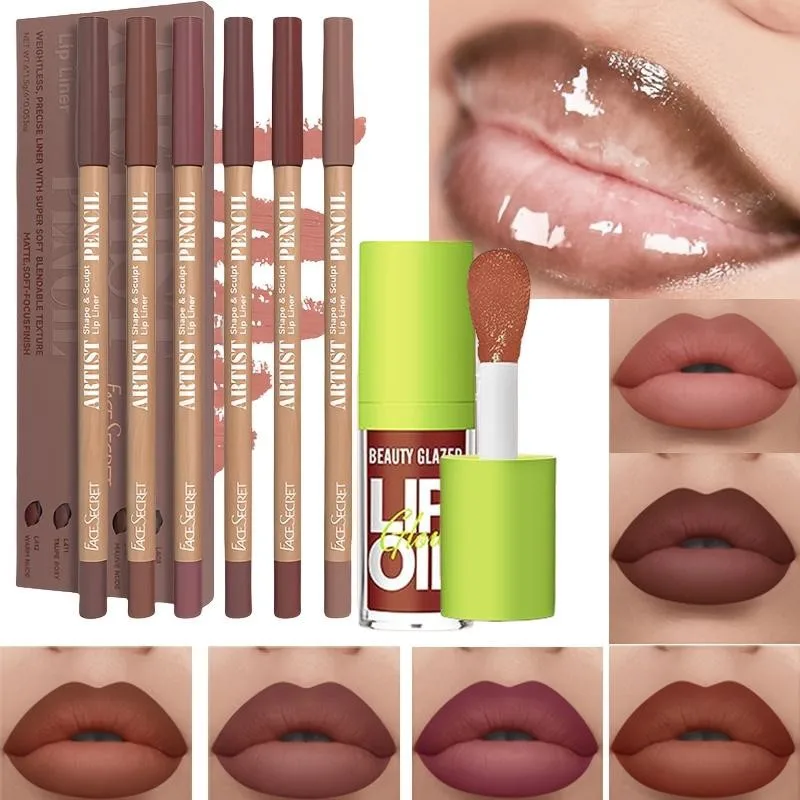 ชุดลิปไลเนอร์เนื้อแมทกันน้ำ 6 ชิ้น BEAUTY GLAZED + ลิปออยล์ ลิปเอสเซนส์ ลิปออยล์เพิ่มความอวบอิ่ม ลิปทินท์ บำรุงริมฝีปาก ลิปกลอส เครื่องสำอาง