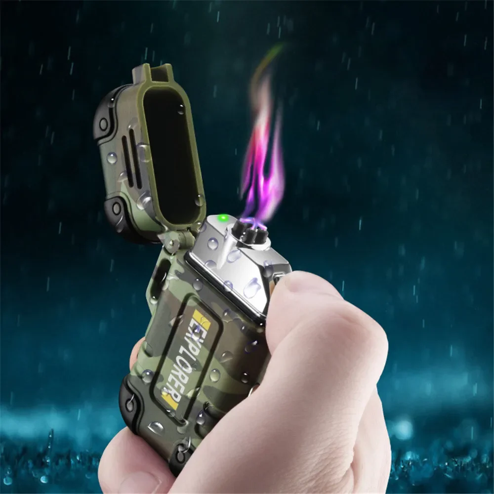 USB Electric Lighter Waterproof Dual Arc Lighter Recharge Electronic Plasma Cigarette lighter for Outdoor Explorer With Whistle