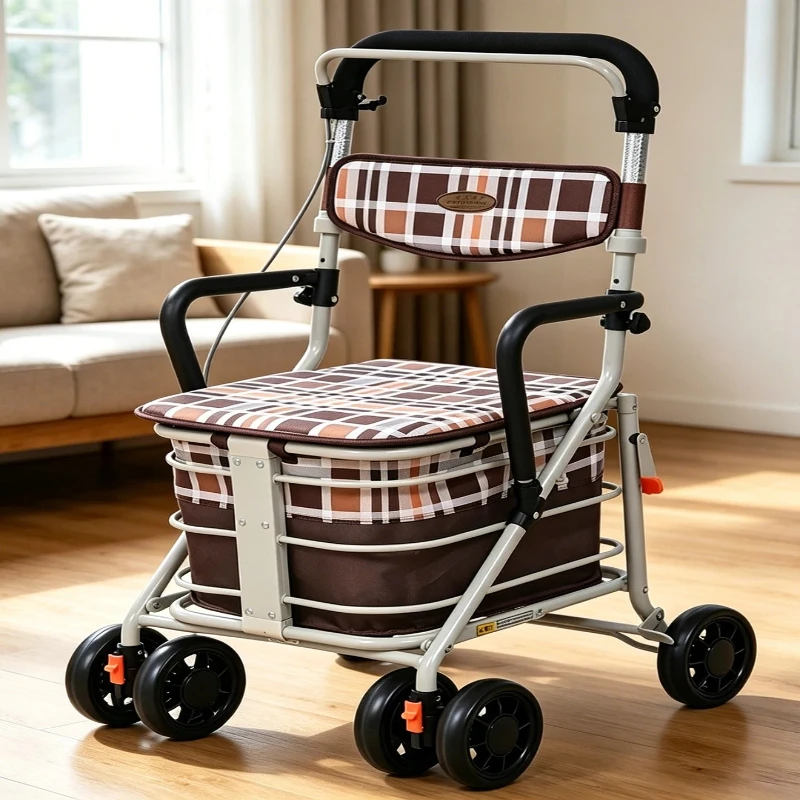 Senior Mobility Shopping Trolley, Foldable Rollator with Seat, 4 Wheel Lightweight Hand Cart, PP PVC Reinforced Grocery Wagon