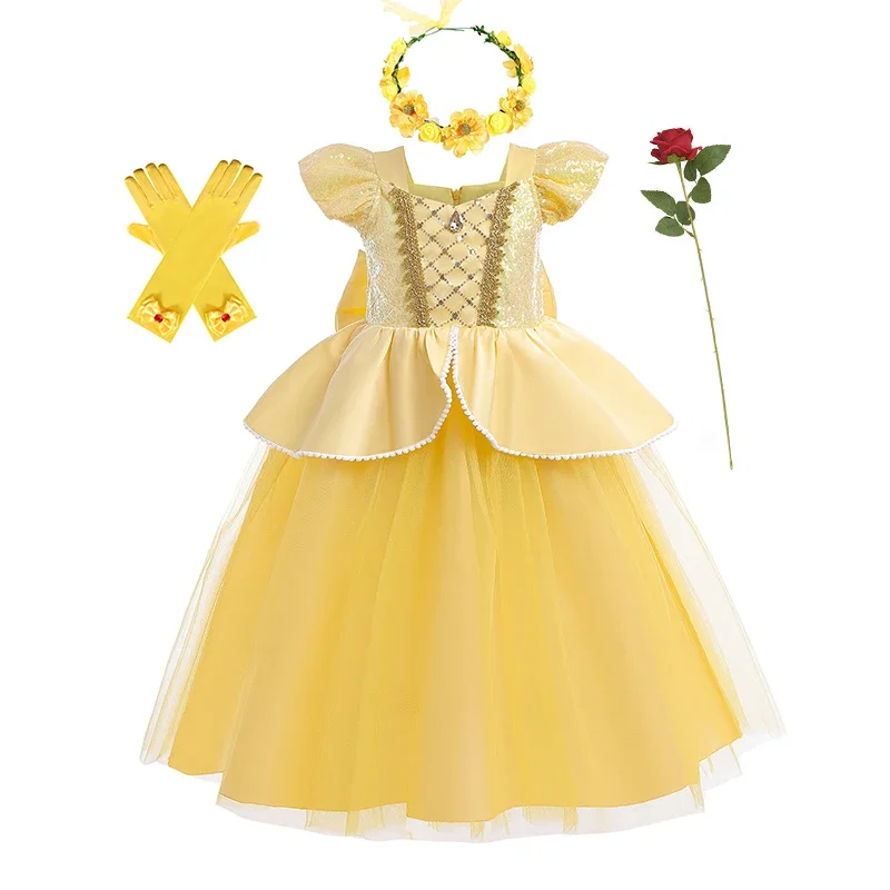 Gaun Princess Belle kostum Cosplay wanita kostum karnaval Halloween anak-anak kostum Cosplay Disney Beauty and The Beast Cinderella