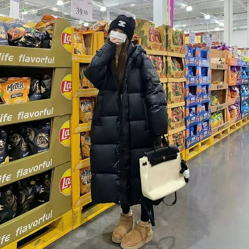 Black Gold Down Cotton Jacket for Women 2025 New Winter Thick Long Style Over the Knee Warm Pure Color Fashionable Jacket