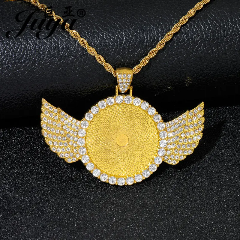 60cm Stainless Steel Chain + 30mm Blank Pendant Cabochon Base Setting Angel Wings Tray For DIY Fashion Jewelry Hip Hop Necklaces