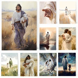 Watercolor Jesus and Sheep Walk Beside Me Landscape Religious Poster Canvas Painting Wall Art Pictures for Church Home Decor